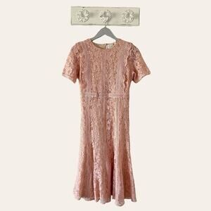 Champagne & Strawberry Pink Lace Short Sleeve Midi Dress NEW